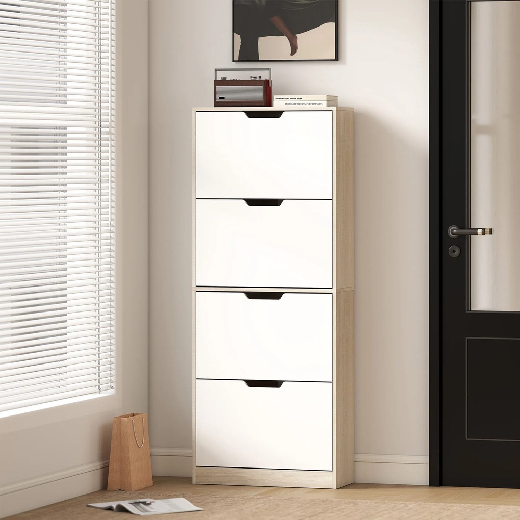 HOMCOM Dulap Subțire pentru Pantofi cu 4 Sertare pentru 16 de Perechi de Pantofi 62.5x26x156 cm, Culoare Lemn și Alb | Aosom Romania