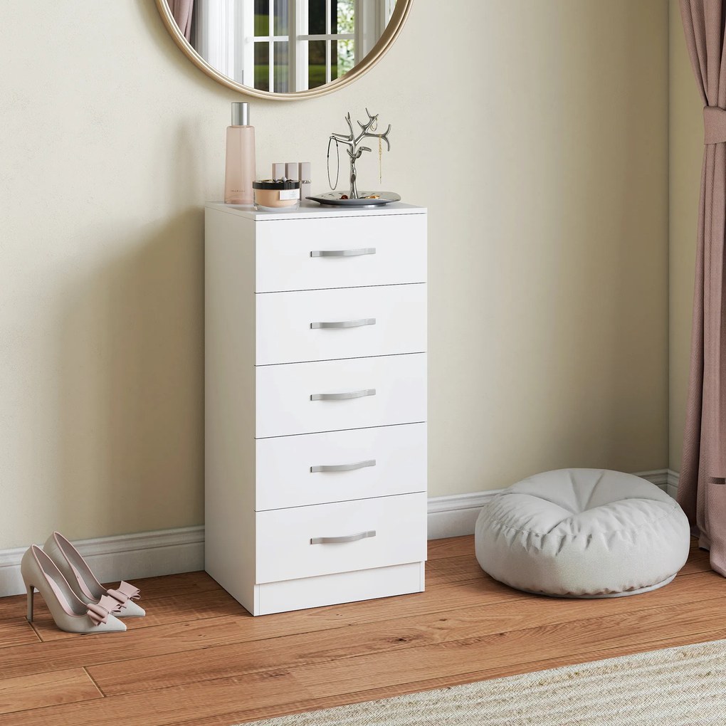 HOMCOM Comodă cu 5 Sertare, Design Modern, Slim, cu Mânere Argintii, Ideală pentru Dormitor, Cameră, Hol sau Living, Dimensiuni 40x35x85 cm, Alb | Aosom Romania