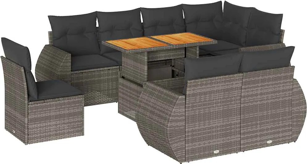 vidaXL Set canapele de grădină, 9 piese, cu perne, gri, poliratan