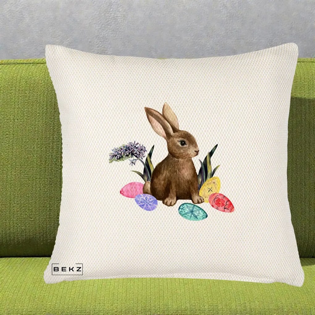 Perna Decorativa Iepuras cu Oua de Pasti Acuarela, 40x40 cm, Crem Reliefat, Husa Detasabila, Perna Inclusa, BEKZ®