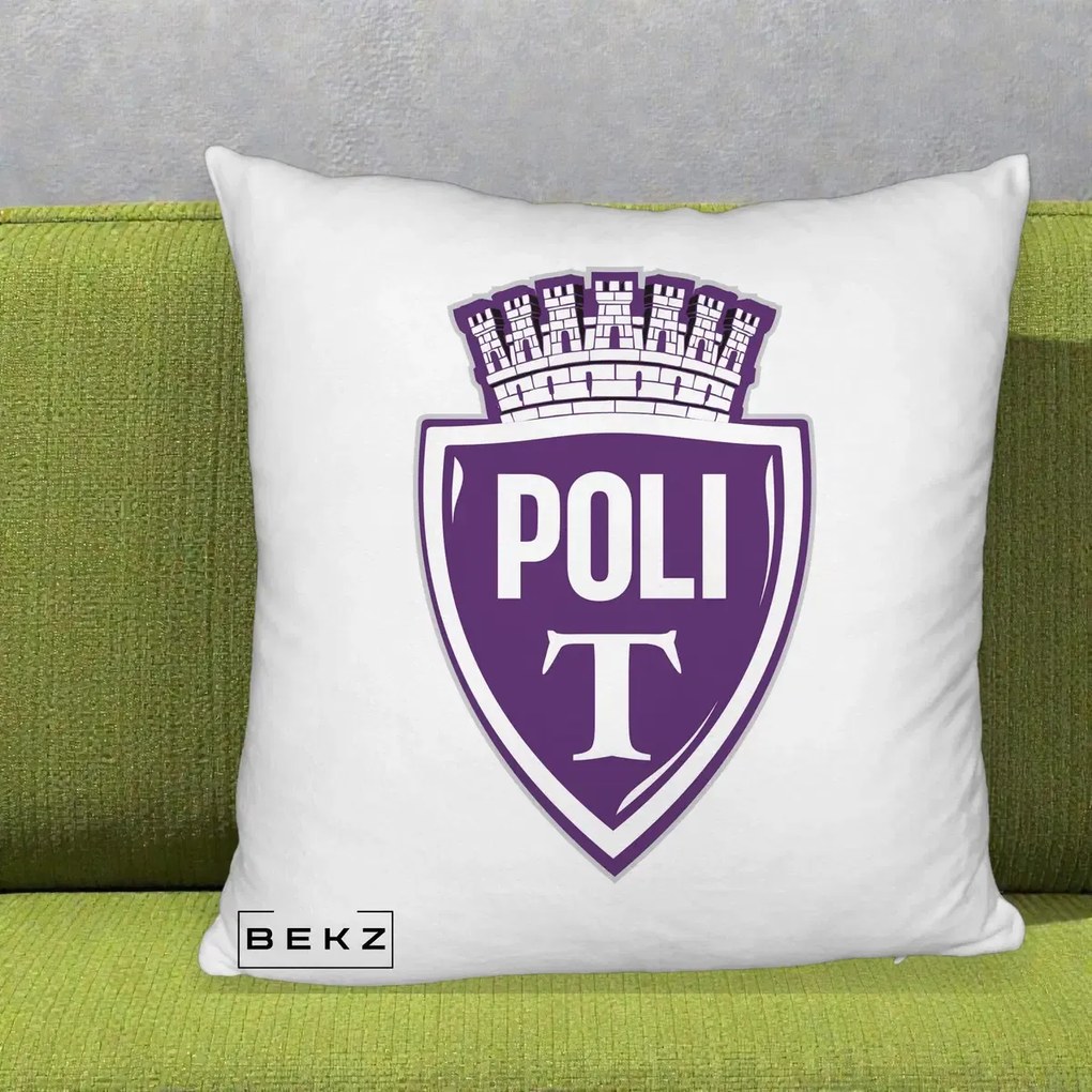 Perna Personalizata Poli Timisoara Fotbal, 40x40 cm, Alb Pufos, Husa Detasabila, Perna Inclusa, BEKZ®