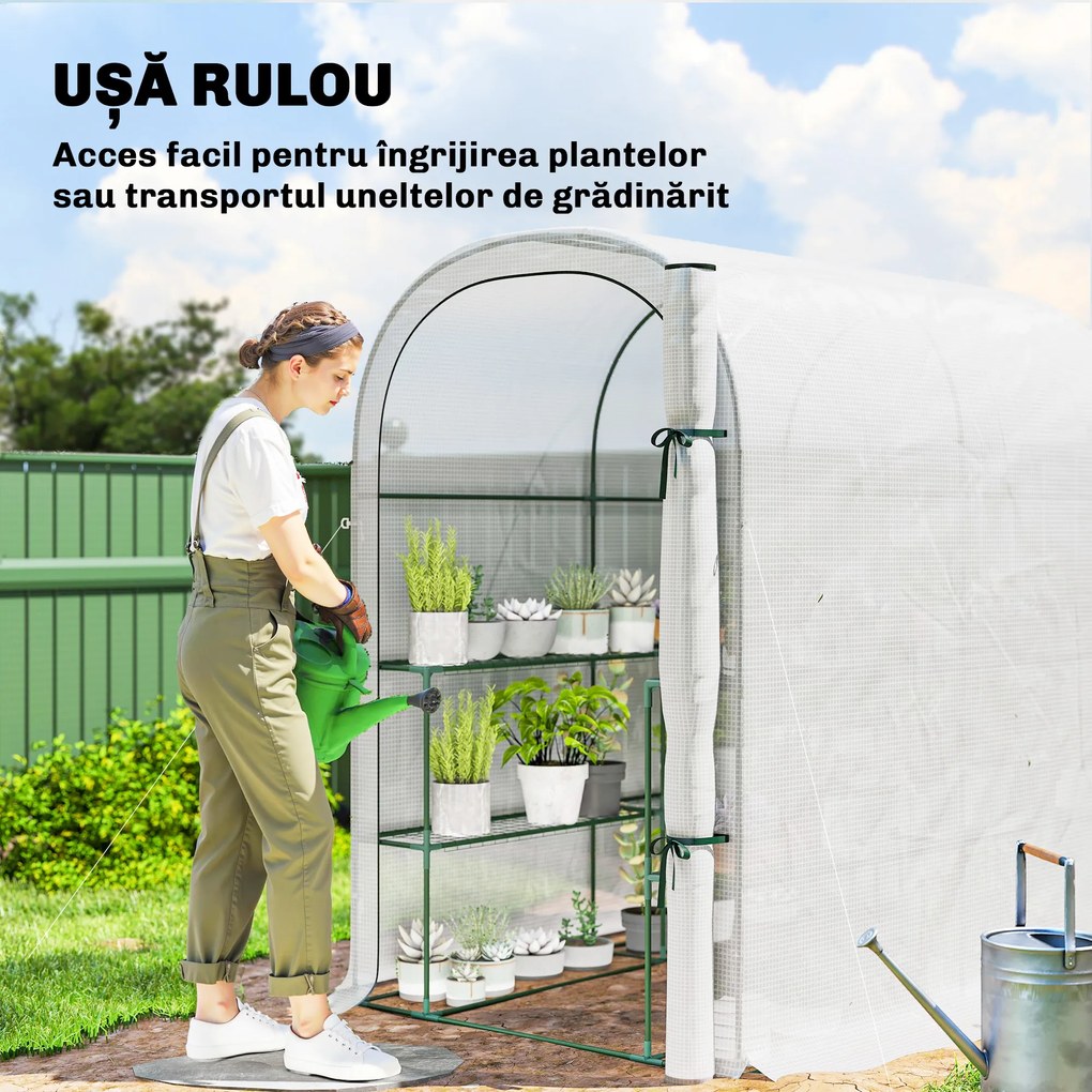 Outsunny Seră de Grădină cu Rafturi și Ușă Rulabilă, Seră pentru Grădină cu Cadru din Oțel, Acoperiș din PE Anti-UV, pentru Legume, Flori și Plante, 123x187x189 cm, Alb | Aosom Romania