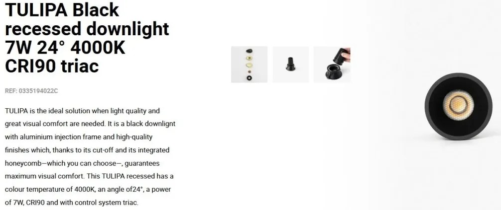 Spot LED incastrabil TULIPA Black recessed downlight 7W 24° 4000K CRI90 triac