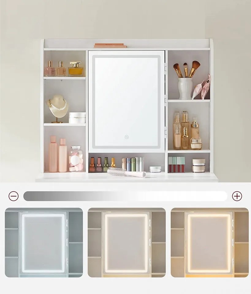 Masuta machiaj cu Oglinda LED si 2 Sertare pentru Cosmetice, Set Masa toaleta 90 cm, Alb, masuta cosmetica, vanity cu sau fara Priza, cu sau fara
