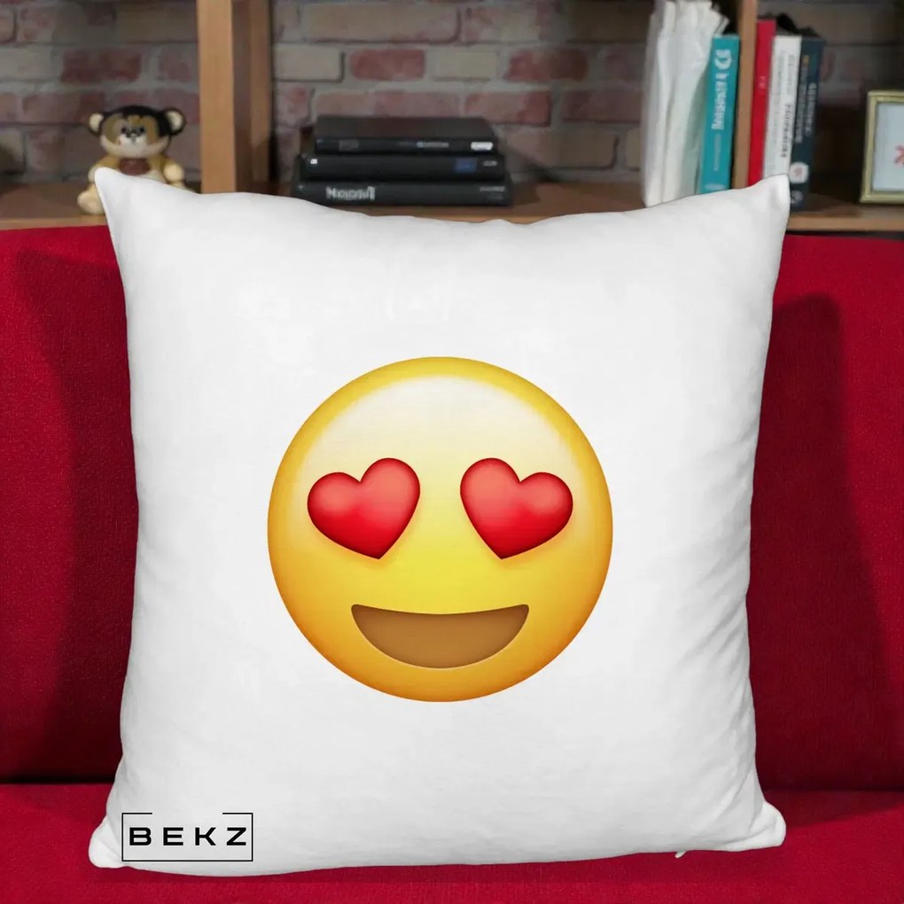 Perna Decorativa Emoji Inimi in Ochi, 40x40 cm, Alb Pufos, Husa Detasabila, Perna Inclusa, BEKZ®