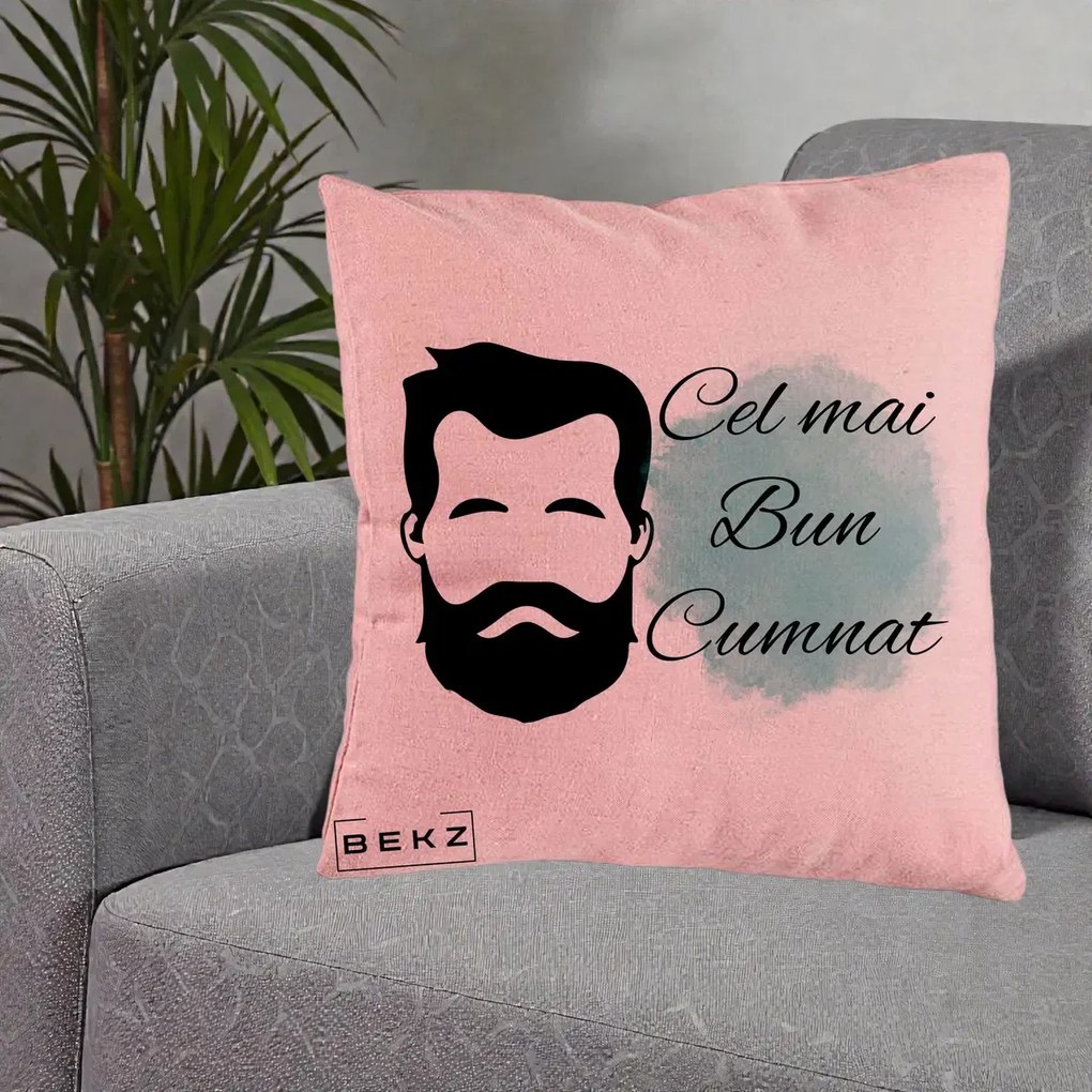 Cadou pentru Cumnat - Perna Personalizata Cel mai Bun Cumnat cu Portret Barbat si Pete Teal, 40x40 cm, Roz, Husa Detasabila, Perna Inclusa, BEKZ®