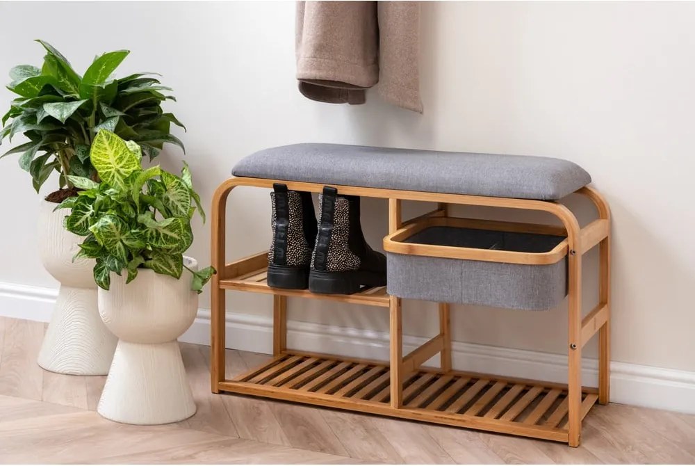 Pantofar cu loc de șezut din bambus Leitmotiv Bench, lățime 70 cm, gri deschis