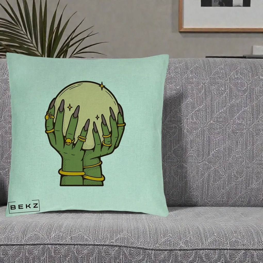 Perna Decorativa Halloween Maini Vrajitoare cu Glob de Cristal, 40x40 cm, Verde Menta, Husa Detasabila, Perna Inclusa, BEKZ®