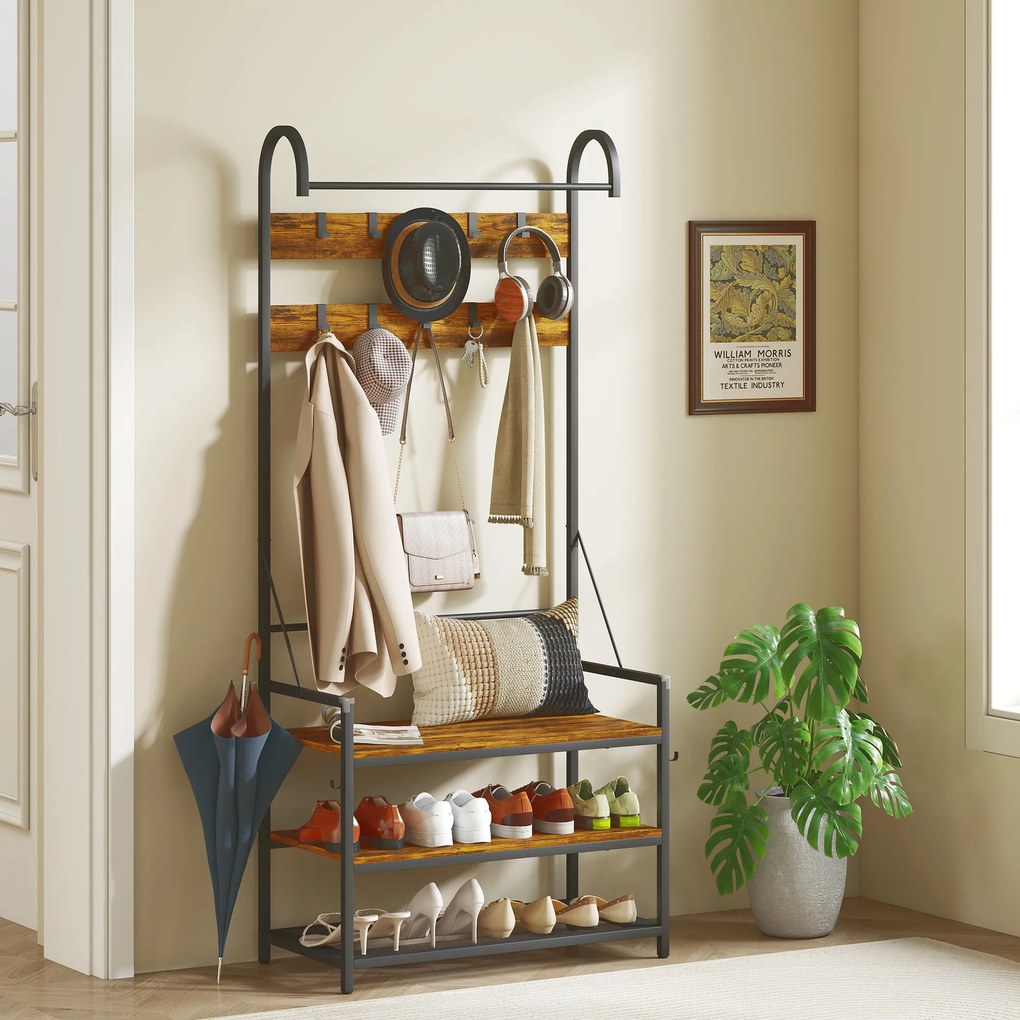 HOMCOM Suport de Haine de Intrare cu Bară, 10 Cârlige Mobile, Bancă și Raft pentru Încălțăminte, Mobilier în Pal și Metal, Design Industrial, 80x40x182 cm, Maro și Negru | Aosom Romania