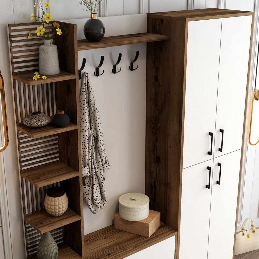 Cuier cu dulap pentru pantofi, rafturi și dulapViyana Walnut and White