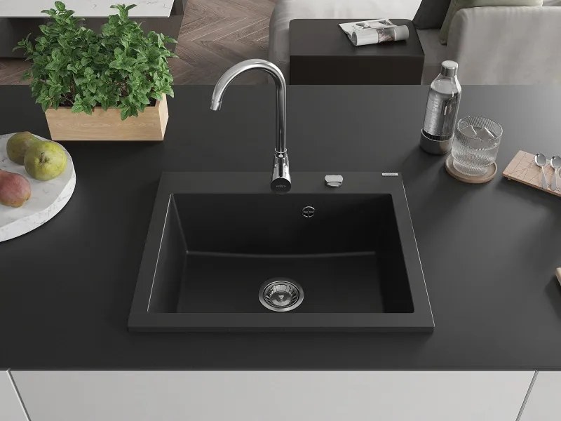 Mexen Elix chiuvetă de granit 1-cameră 600 x 500 mm, neagră, sifon crom - 6525601005-77