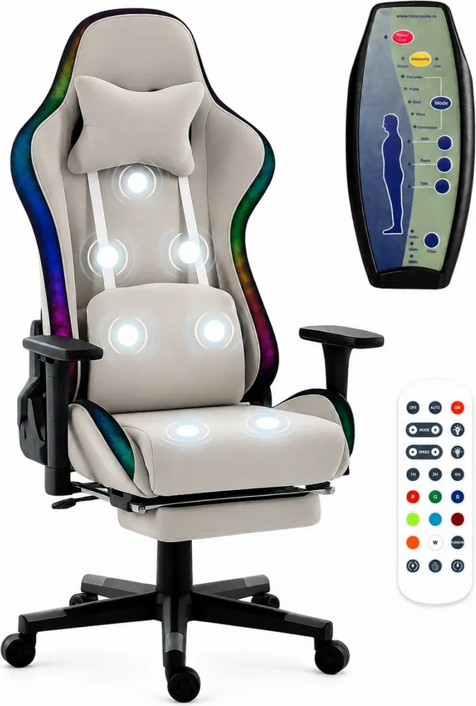 Scaun Gaming cu Masaj 7 Puncte și Încălzire, RGB, Iluminare LED Multicolor, Telecomenzi, Cotiere 3D, Reclinare 180°, Suport Picioare, Catifea, Gri