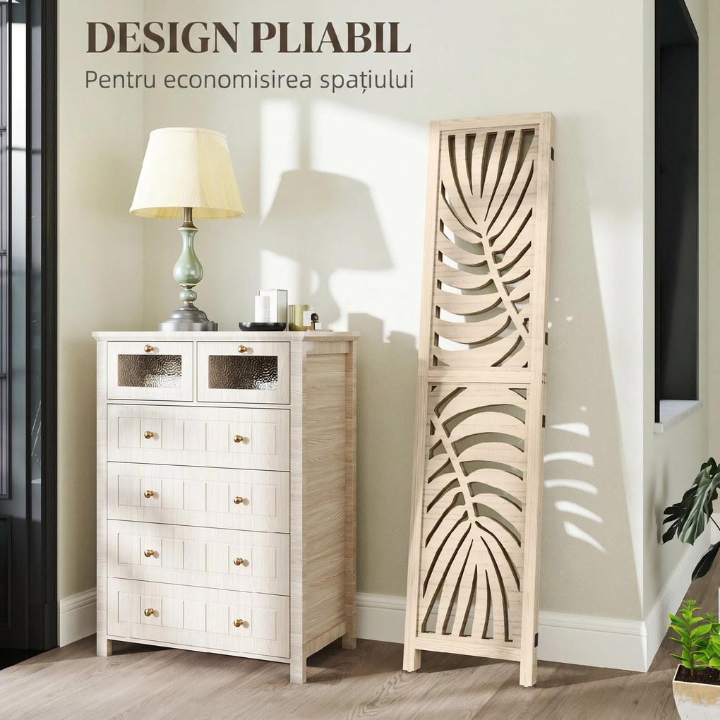 HOMCOM Paravan cu 3 Panouri, Separator Pliabil cu Design Frunze pentru Interior, Finisaj Natural | Aosom Romania