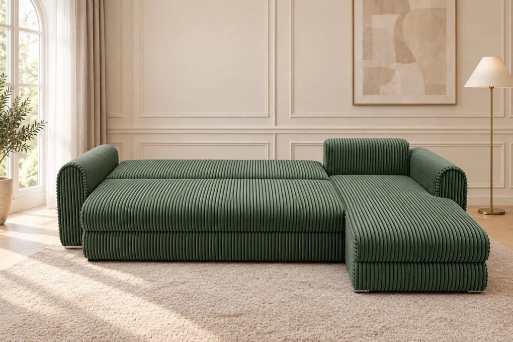 Colțar extensibil Sienna Mini din stofă raiată, verde, colț pe dreapta, cu ladă de depozitare