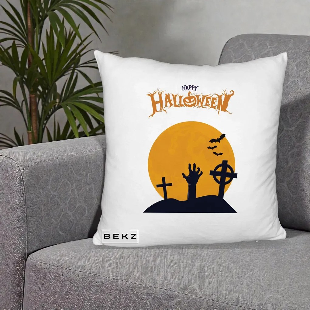 Perna Decorativa Happy Halloween Cimitir cu Luna, 40x40 cm, Alb Pufos, Husa Detasabila, Perna Inclusa, BEKZ®