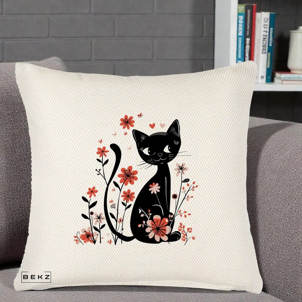 Perna Decorativa Pisica Neagra Flori Roz si Inimi, 40x40 cm, Crem Reliefat, Husa Detasabila, Perna Inclusa, BEKZ®