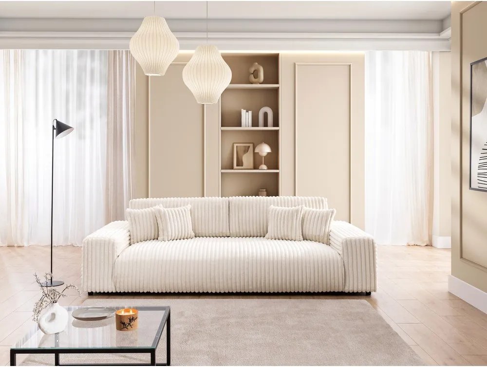 Canapea crem extensibilă/cu spațiu de depozitare cu tapițerie din catifea reiată 260 cm Justin – Ropez