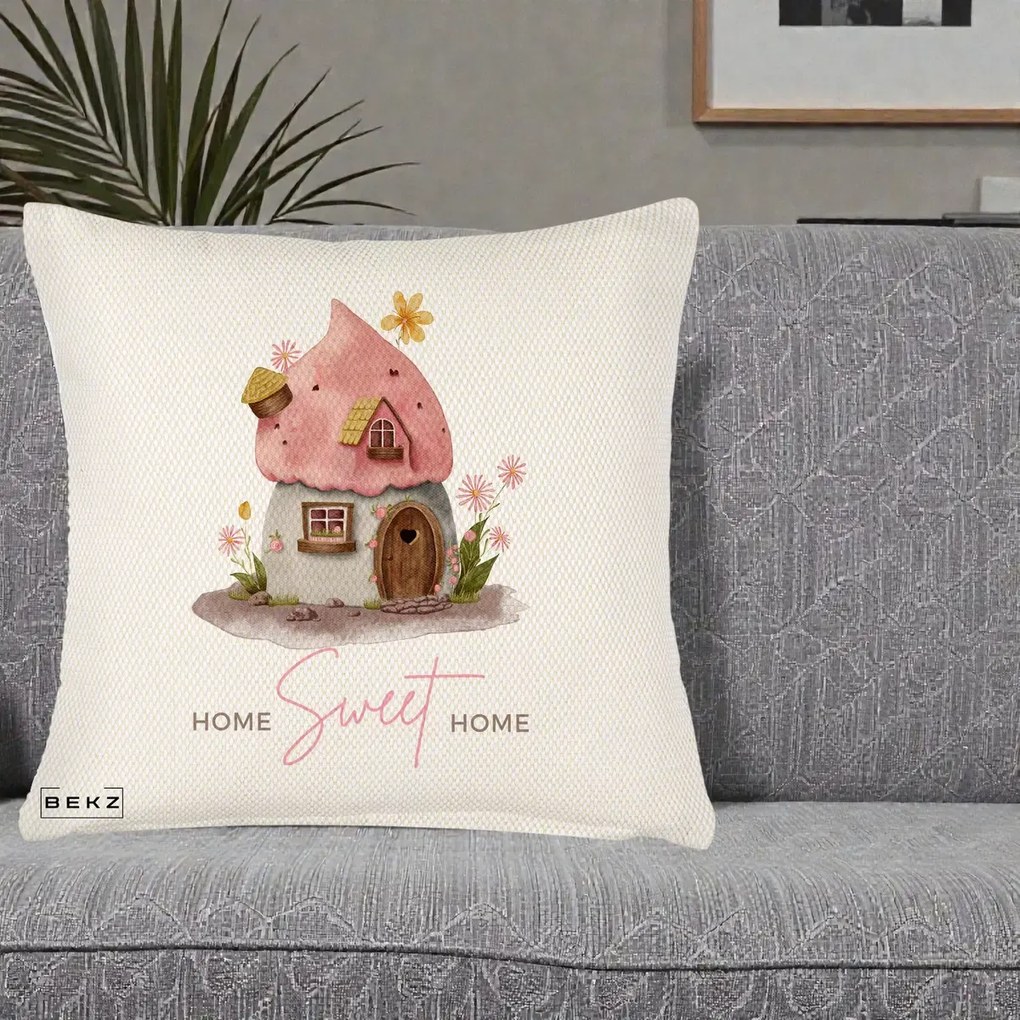 Perna Decorativa Home Sweet Home Casuta, 40x40 cm, Crem Reliefat, Husa Detasabila, Perna Inclusa, BEKZ®