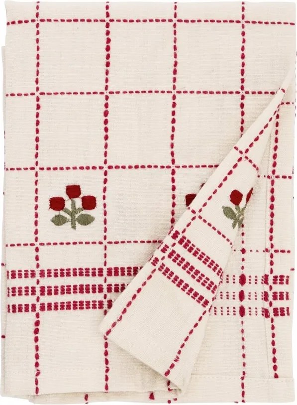 Prosop de bucătărie din bumbac brodat manual cu model în carouri și flori, 50×70 cm, „Bloom"