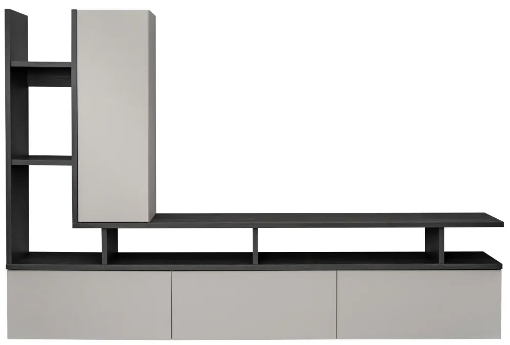 Mobila Living modern, casmir bej inchis stejar grafit, 210 cm lungime x35 cm adancime, suspendata- prindere perete, usi deschidere prin apasare-push