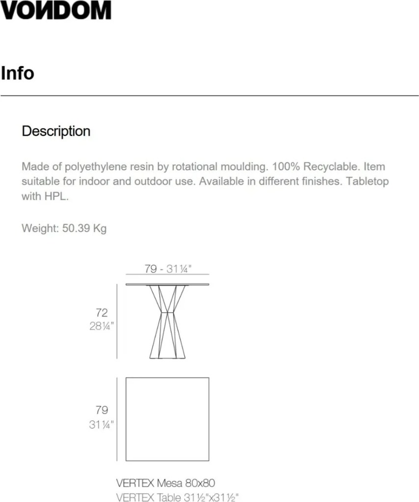 Masa de exterior / interior design modern premium VERTEX 80x80cm