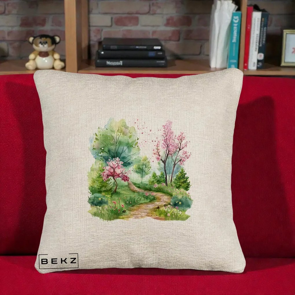 Perna Decorativa Gradina Primavara Acuarela, 40x40 cm, Bej Canapea, Husa Detasabila, Perna Inclusa, BEKZ®
