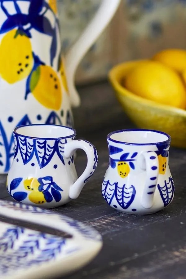 Set 2 cești espresso din ceramică pictate manual, design mediteranean, 6x6.5 cm, „Maxima"