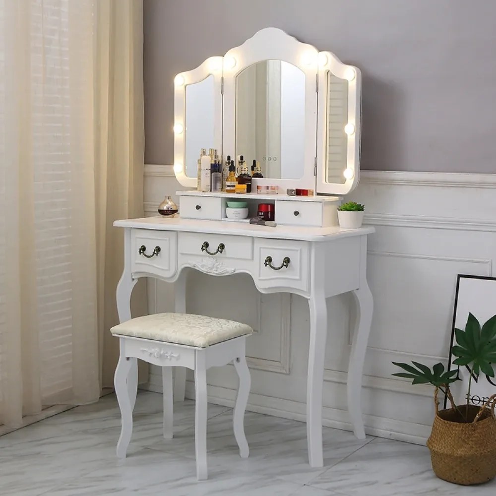 RESIGILAT- Set ELISABETA, Masă de toaletă cu 3 oglinzi, iluminare LED, control touch, 5 sertare, scaun, Alb