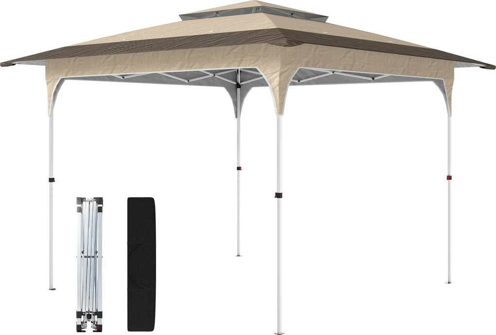 Outsunny Cort pliant 3,5x3,5 m Pop-up cu înălțime reglabilă pe 3 niveluri Acoperiș dublu Închidere centrală și husă UPF50+ Kaki | Aosom Romania