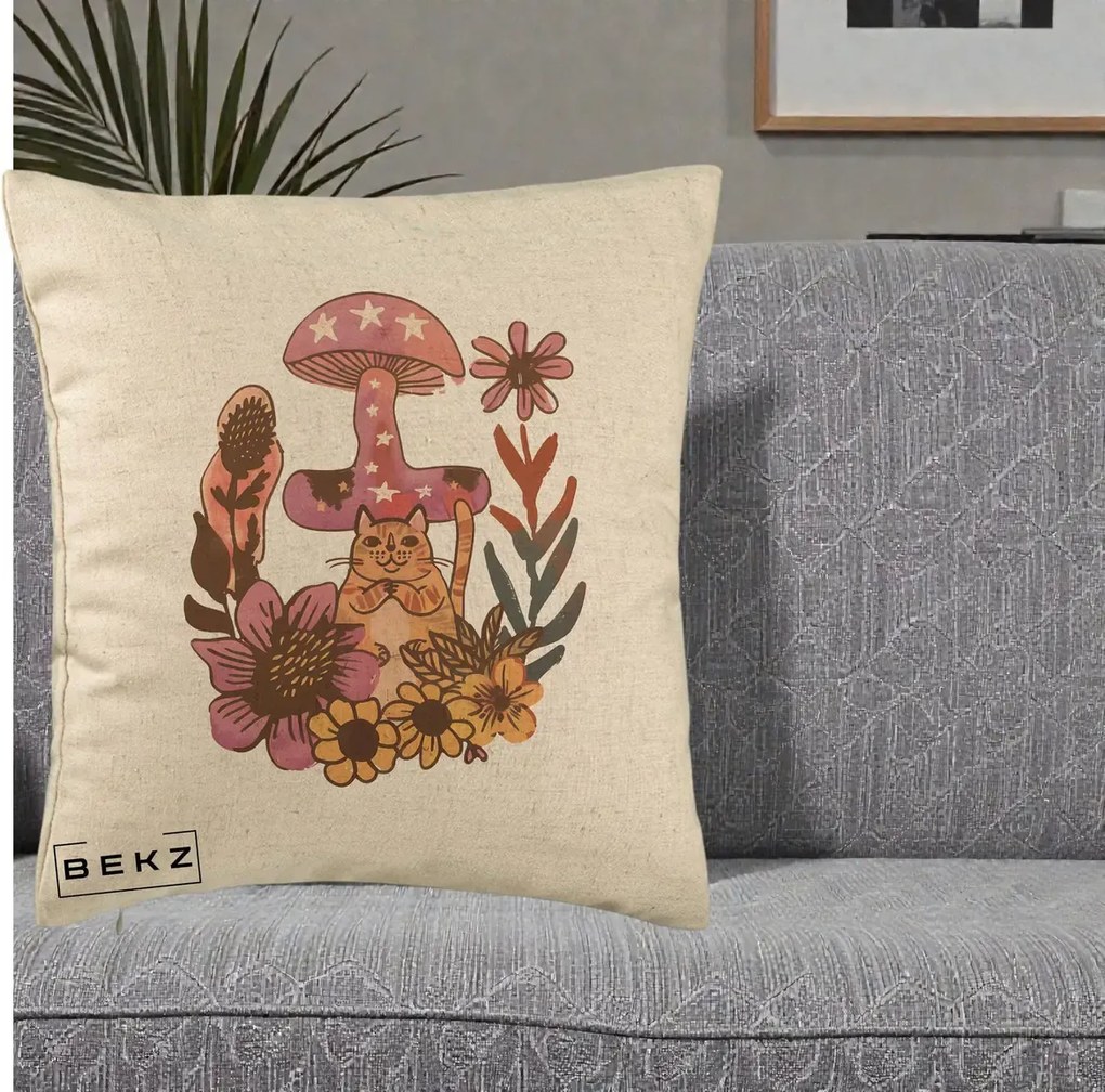 Perna Decorativa Ciuperca Pisica Boho, 40x40 cm, Bej, Husa Detasabila, Perna Inclusa, BEKZ®