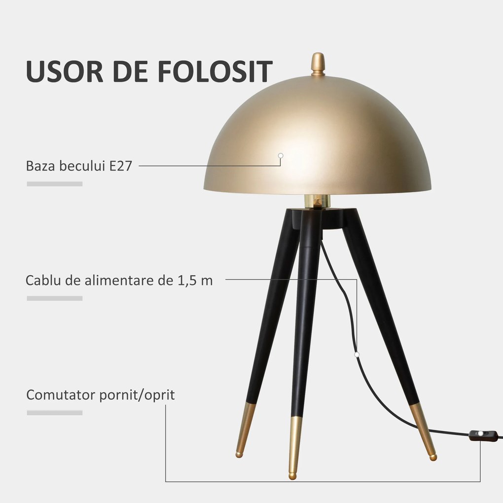 Homcom Lampă de Masă și Noptieră cu Trepied, Abajur Tip Cupolă, Suport E27, Design Modern, Negru și Auriu, pentru Birou | Aosom Romania