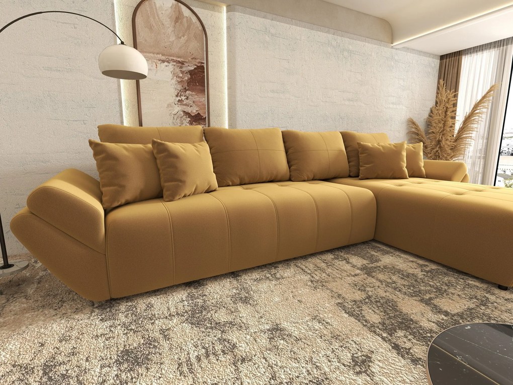 Colțar extensibil dumonde cu ladă de depozitare si sezut confortabil din spuma high-density, Berlin XL Royal Mustar 350x185 cm II