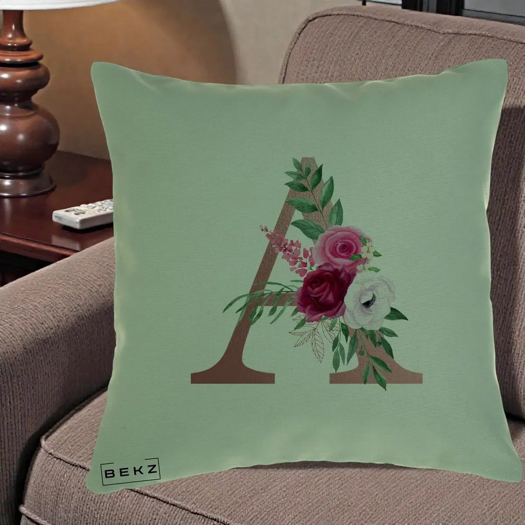 Cadou Personalizat - Perna Personalizata Monograma Rose Gold Litera A, 40x40 cm, Verde, Husa Detasabila, Perna Inclusa, BEKZ®
