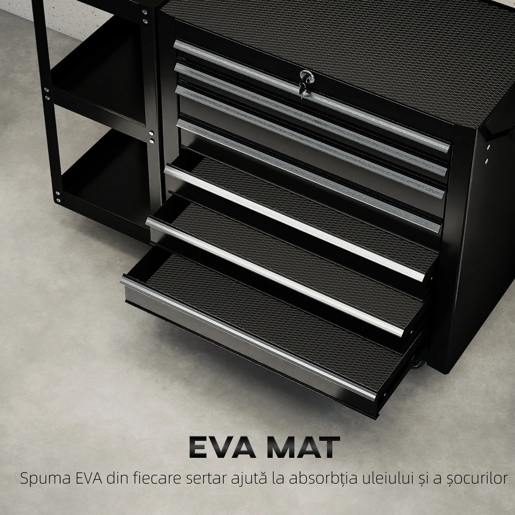 HOMCOM Cărucior pentru Unelte din Oțel cu 7 Sertare, Poliță Laterală Detașabilă, Roți, Capacitate 120kg, Negru | Aosom Romania