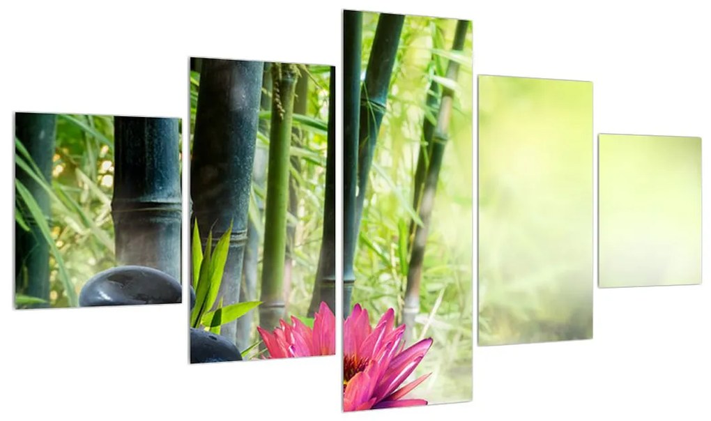Tablou cu floare de lotus, bambus și lumănâri (125x70 cm), în 40 de alte dimensiuni noi
