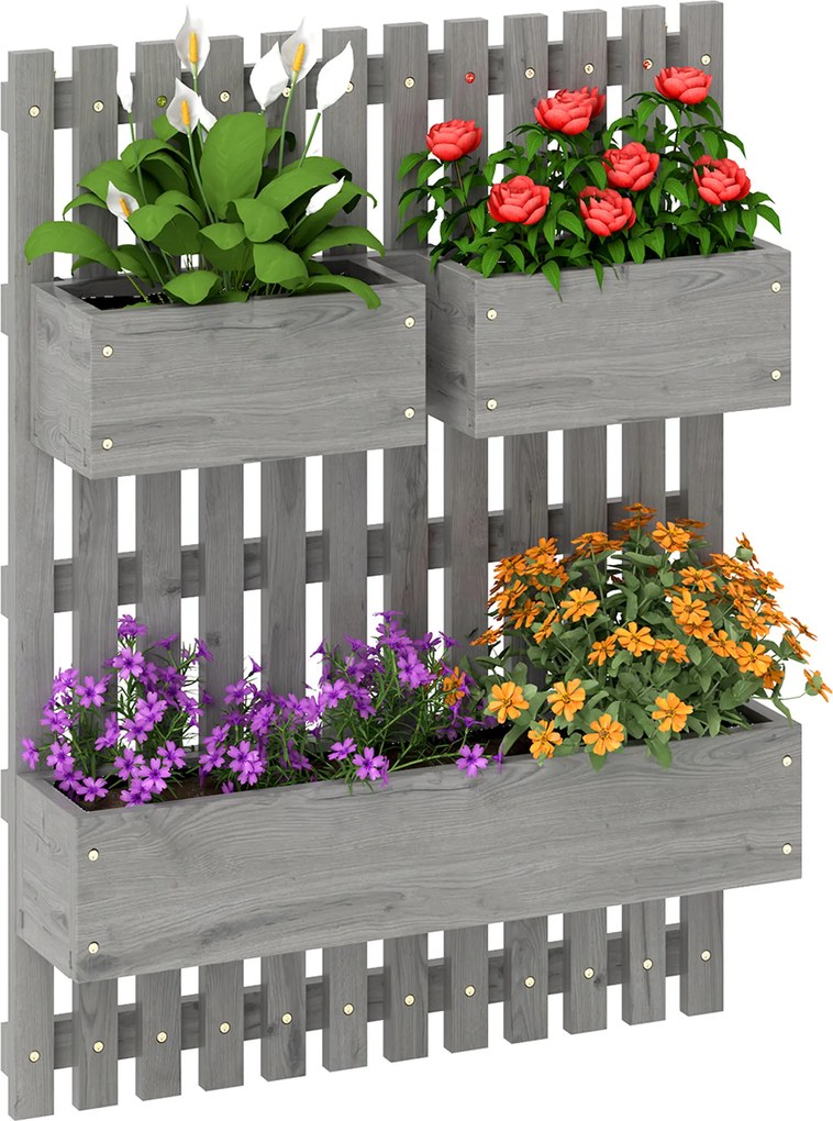 Outsunny Jardinieră murală tip grădină cu 3 bazine din lemn masiv detașabile, țesătură nețesută, 60 x 16 x 80 cm gri | Aosom Romania