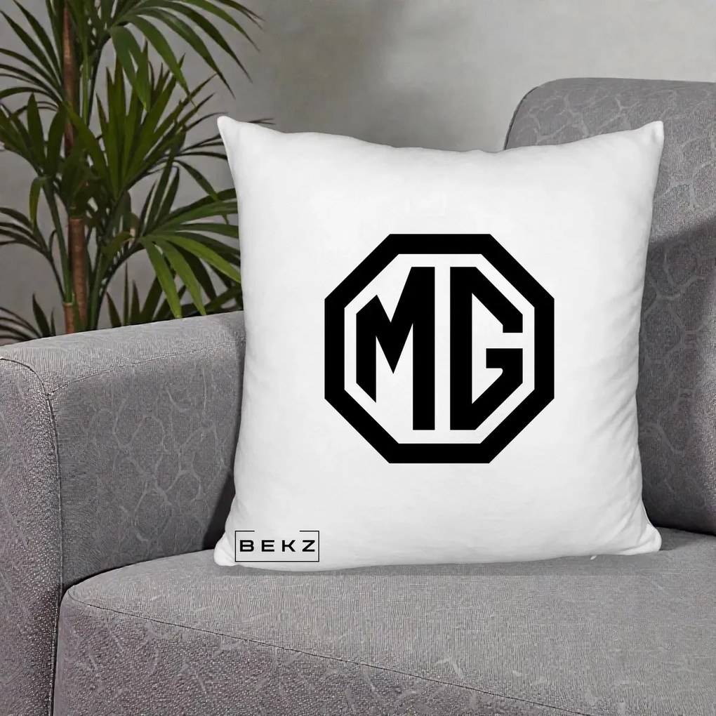 Perna Personalizata cu emblema MG, 40x40 cm, Alb Pufos, Husa Detasabila, Perna Inclusa, BEKZ®