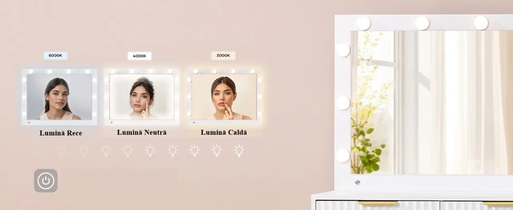 Masuta machiaj cu Oglinda LED si 5 Sertare pentru Cosmetice, Set Masa toaleta 110 cm, Alb, masuta cosmetica, vanity - SEA823