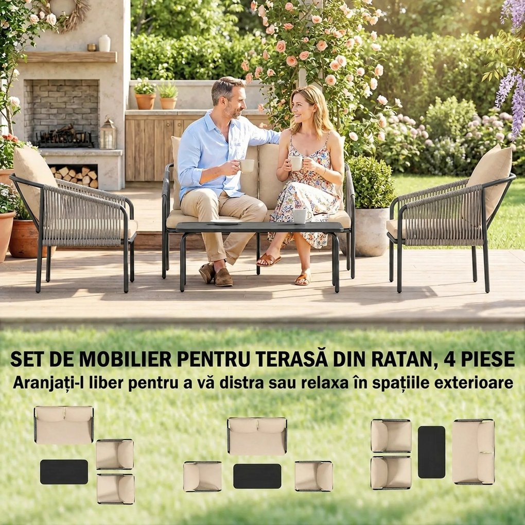 Outsunny Set de Grădină din Ratan 4 Piese cu Canapea, Fotolii, Măsuță, Bej | Aosom Romania