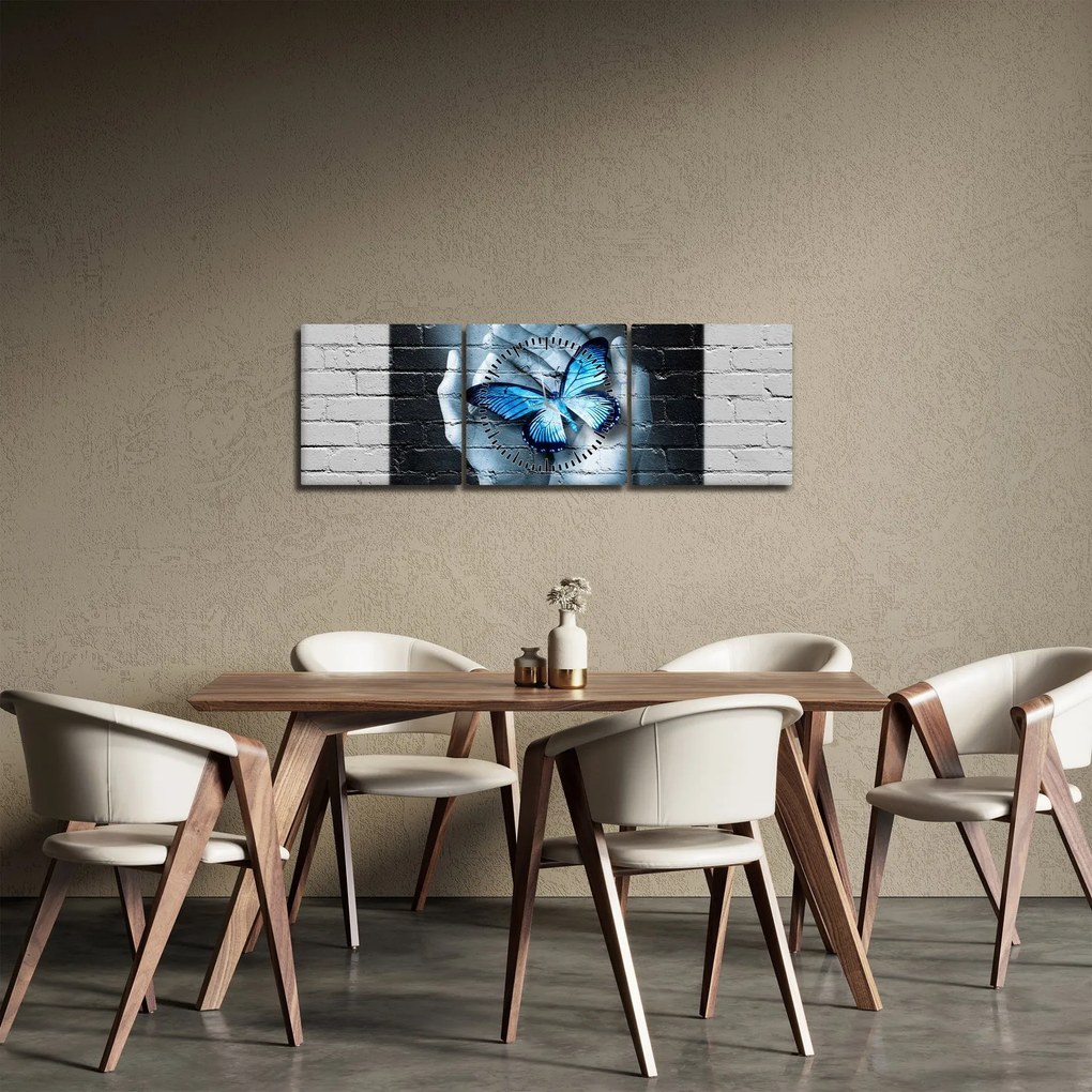 Tablou cu flutere albastru pe perete (cu ceas) (90x30 cm)