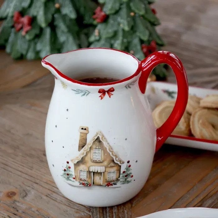 Carafă din ceramică albă cu motive de Crăciun și mâner roșu, 14x11 cm, „Chalet de Noël"
