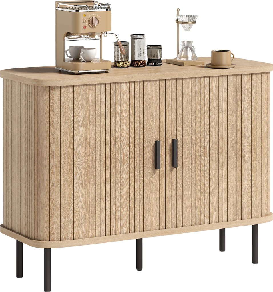 HOMCOM Bufet pentru living, corp de depozitare cu 2 uși culisante tambur cu lamele și 4 compartimente, stejar | Aosom Romania
