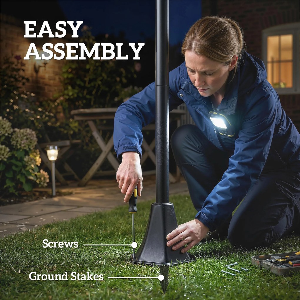 Outsunny Set de 2 Felinare Solare pentru Grădină cu Înălțime Reglabilă 2 Moduri de Intensitate IP44 Impermeabil pentru Terasă Curte Negru | Aosom Romania