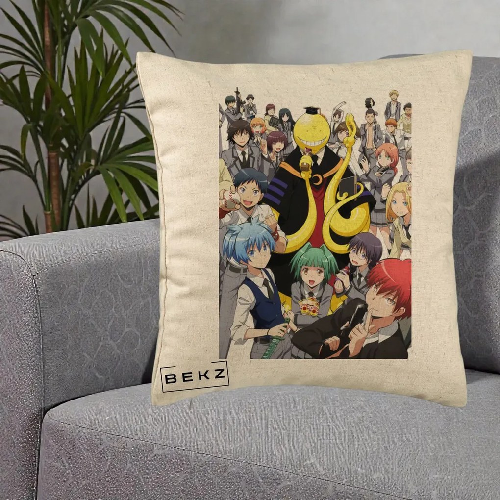 Perna Personalizata Assassination Classroom Grup Complet Anime, 40x40 cm, Bej, Husa Detasabila, Perna Inclusa, BEKZ®