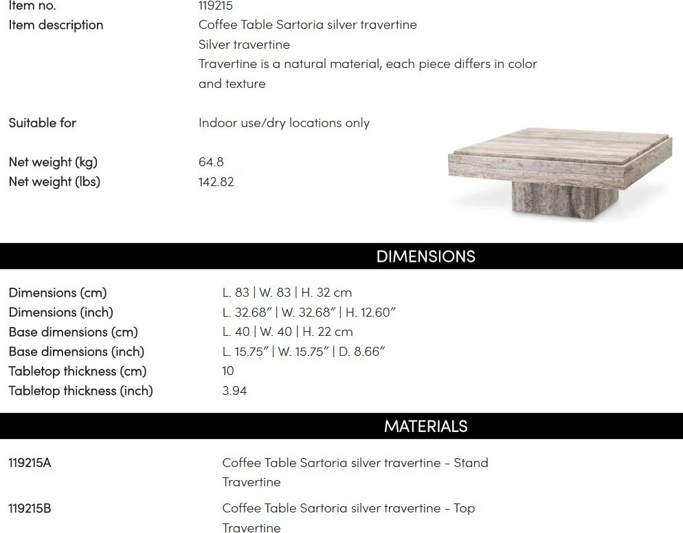 Masuta de Cafea Design LUX, Travertin, Silver, Sartoria, 83x83cm