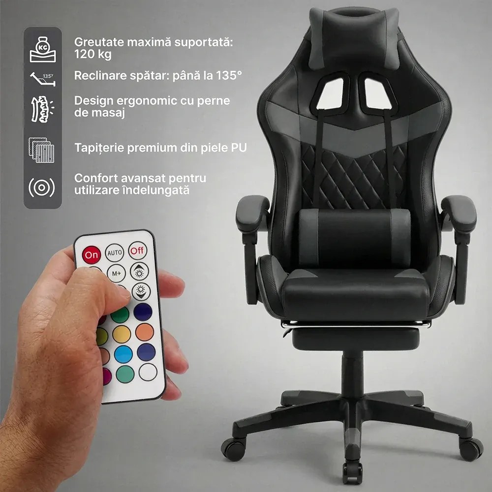 RESIGILAT- Scaun gaming, sistem iluminare bandă LED RGB, masaj în perna lombară, suport picioare, Negru/Gri