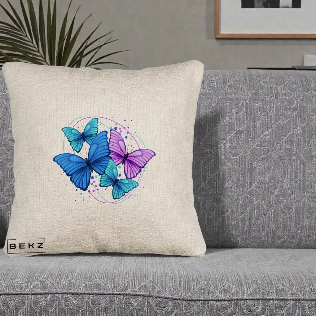 Perna Decorativa Patru Fluturi Turcoaz-Violet, 40x40 cm, Bej Canapea, Husa Detasabila, Perna Inclusa, BEKZ®