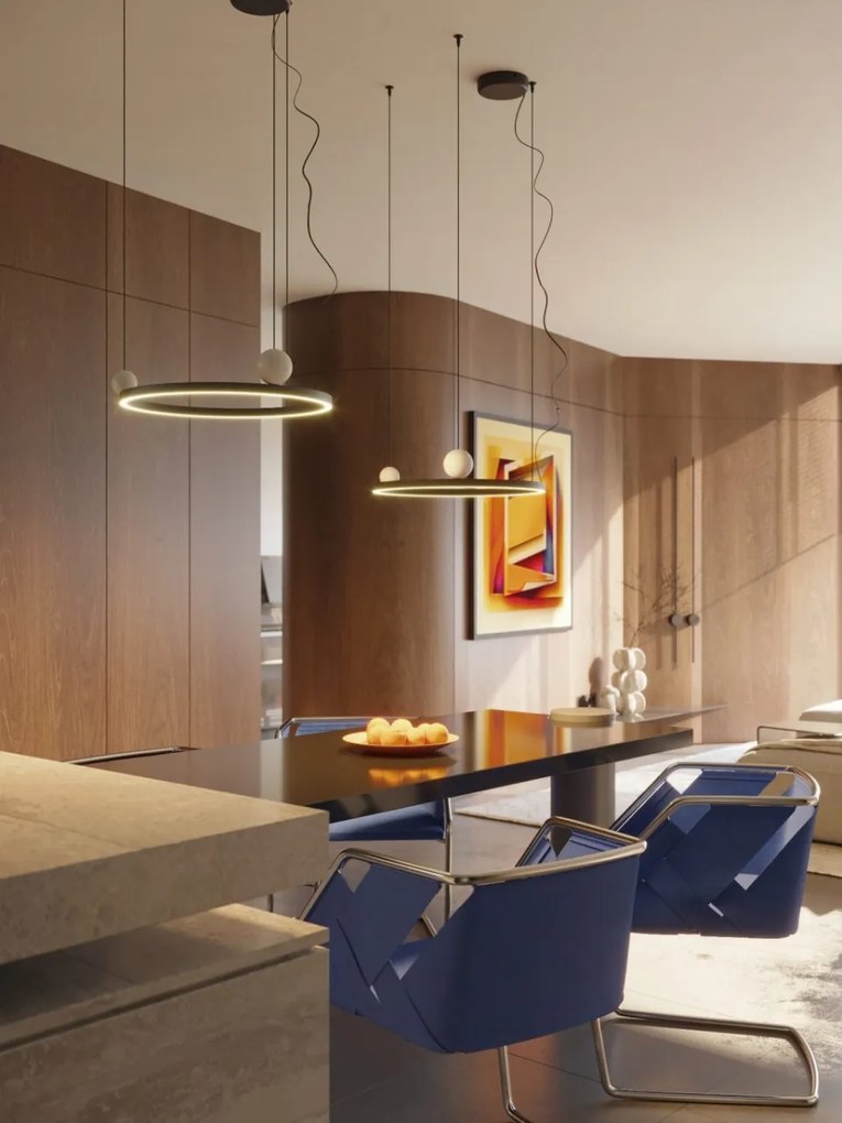 Lustra circulara aluminiu negru, piatra naturala LED Solaris