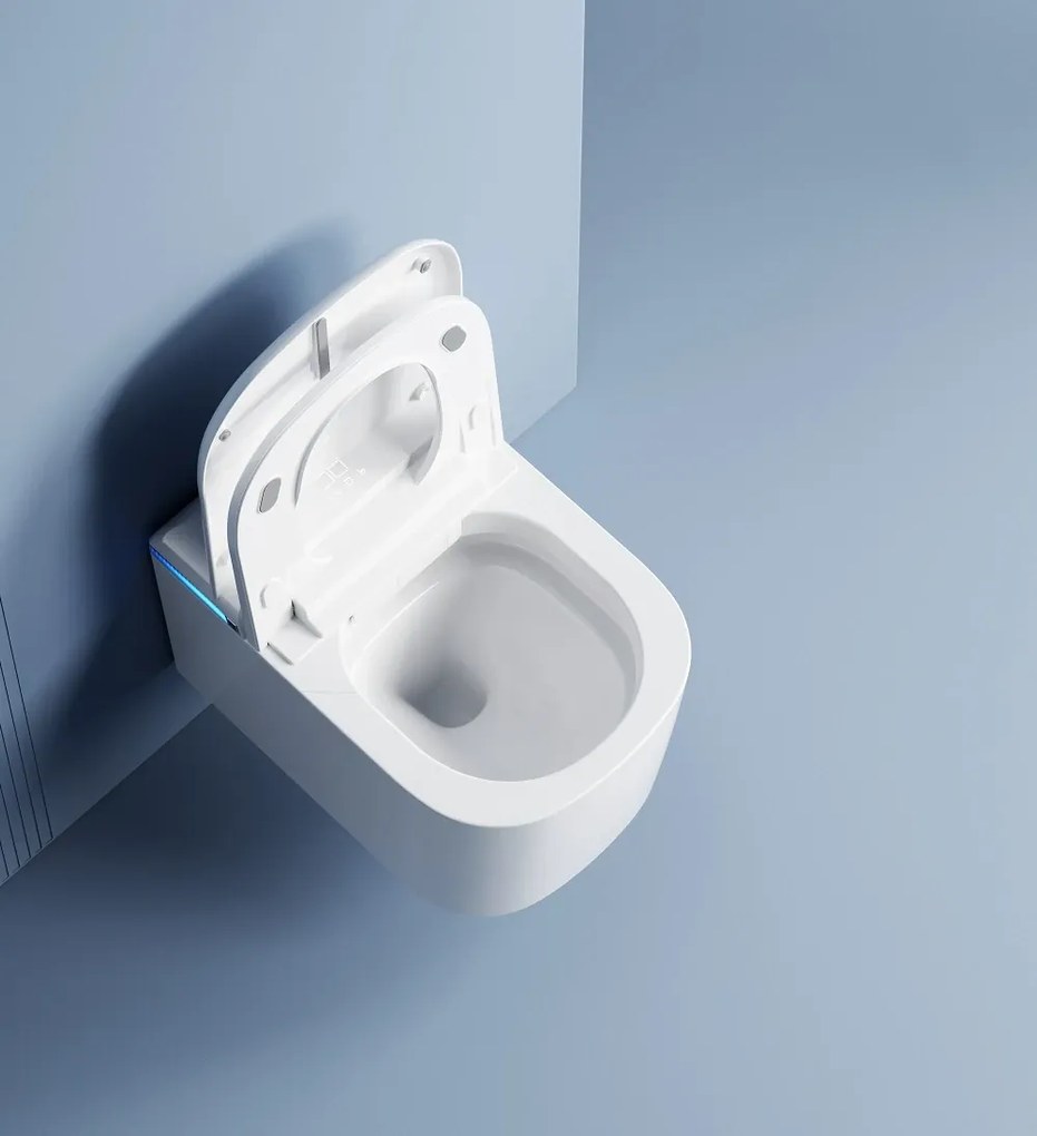 Vas WC Inteligent Suspendat cu Rezervor Integrat, Afișaj LED, Telecomandă, Sterilizare UV, Deschidere/Închidere automată, funcționare senzor picior, Control inteligent al Temperaturii, Uscare aer cald, Iluminare de noapte, Suspendat, Ceramică, Alb