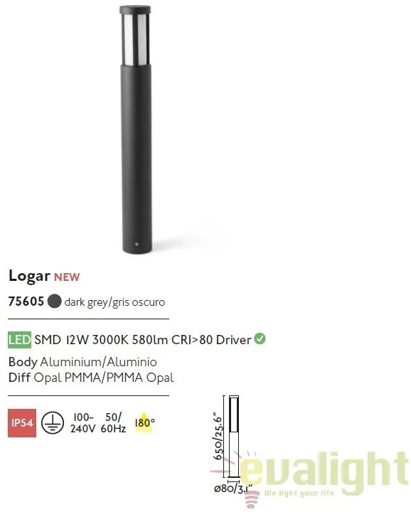 Stalp LED iluminat exterior design modern LOGAR-1 H65cm 75605